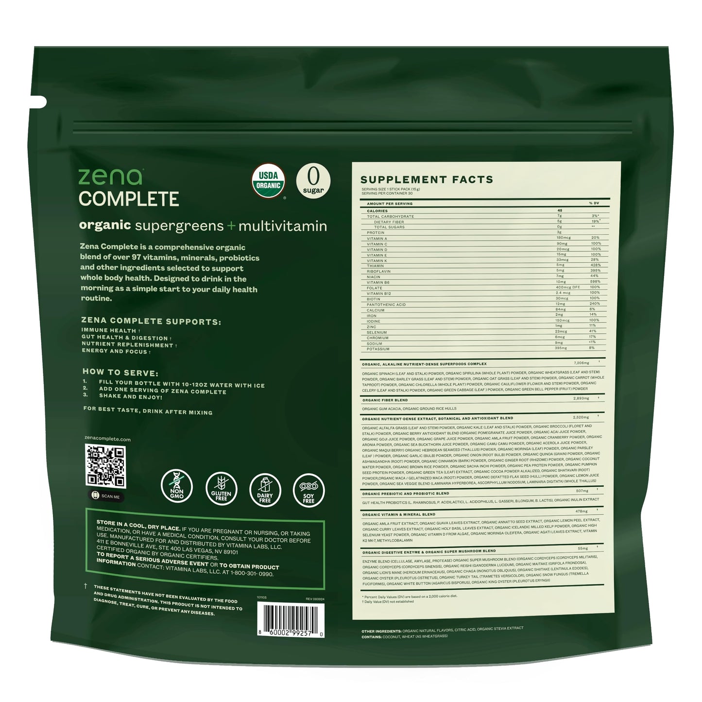 Zena Complete Organic Super Greens Powder & Multivitamin, 90+ Supergreens, Fruits, Veggies, Pre & Probiotics, Watermelon Citrus Flavor Zena NutritionBuy Supplements Australia