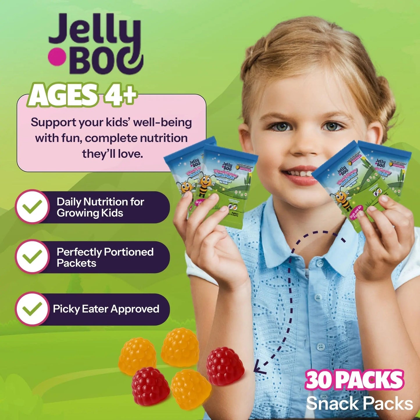 Kids Daily Multivitamin - Healthy Snacks For Kids – No Sugar, No Dyes, Monk Fruit Sweetened, Vegan, Gluten-Free- 100% Daily Value of Vitamins C, D3, Zinc Jelly.Boo