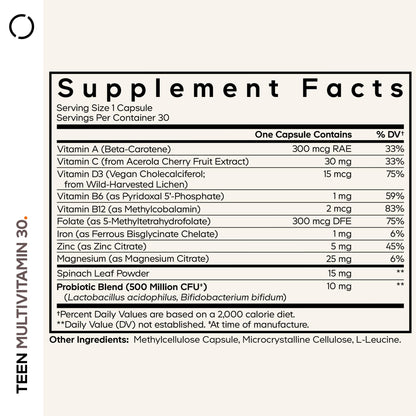 Codeage Teen Multivitamin - Vitamins A, C, D3, B6, B12, Folate, Zinc, Magnesium, Iron, Probiotics, Fermented Spinach - Multivitamins for Teenage Boys and Girls - Non-GMO, Gluten-Free - 30 Capsules CodeageBuy Supplements Australia