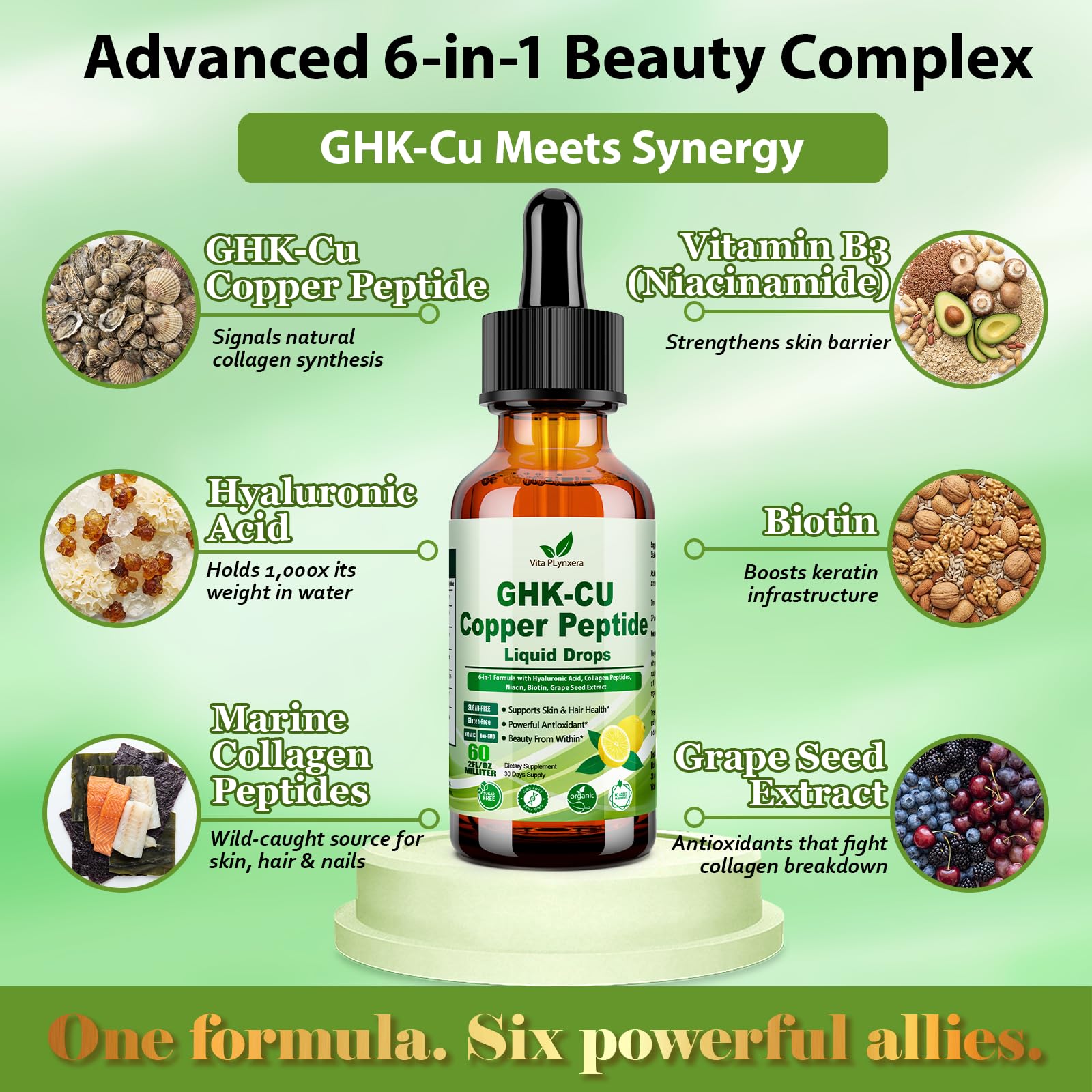 Vita PLynxera GHK-CU Peptide Supplement Liquid Drops, Premium 6-in-1 GHK CU Copper Peptides w. Marine Collagen Hyaluronic Acid Biotin for Anti-Aging, Skin Hair Growth Support, Oral Drops丨Women Men Vita PLynxeraBuy Supplements Australia