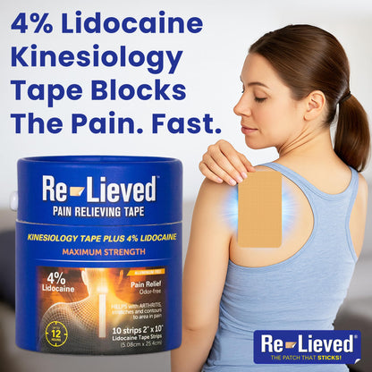 4% Lidocaine Maximum Strength Pain Relief Kinesiology Tape - Relieves Back, Joints and Muscle Pains - Superior Sticking, Aluminum-Free Water Resistant, and USA Made - 2" x 10" Strips Re-lievedBuy Supplements Australia