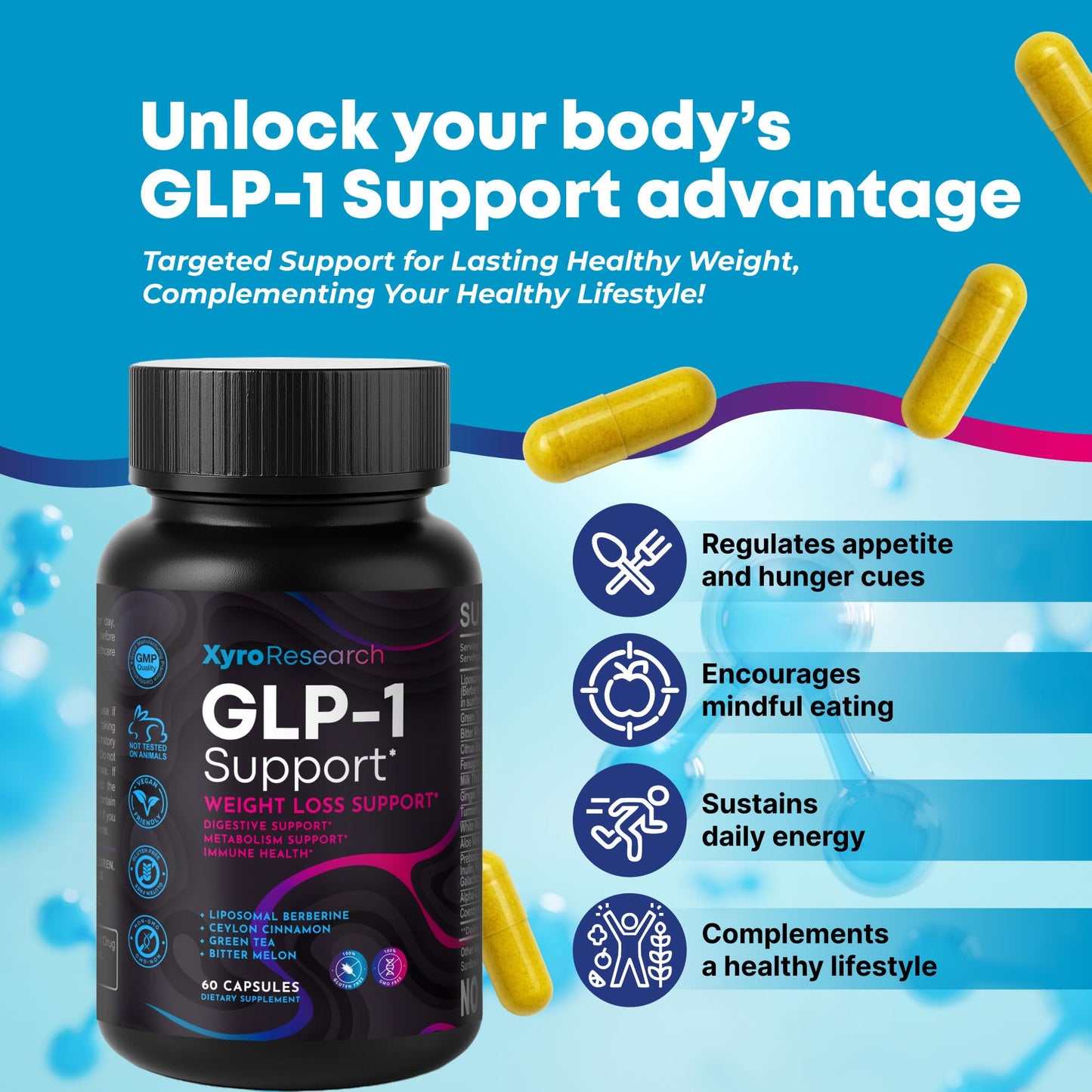 Xyro Research GLP-1 Support Weight Loss Supplement - Appetite Suppressant & Metabolism Booster to Support Natural Hunger Control Curb Cravings Burn Fat & Gut Wellness Xyro ResearchBuy Supplements Australia