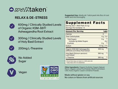 WellTaken Ashwagandha Relax & De-Stress Powder - Lemon Lavender 14ct Box - 600mg Ashwagandha, 200mg L-Theanine, Holy Basil – Supports Stress, Relaxation – Vegan, No Added Sugar - 14 Servings WellTakenBuy Supplements Australia
