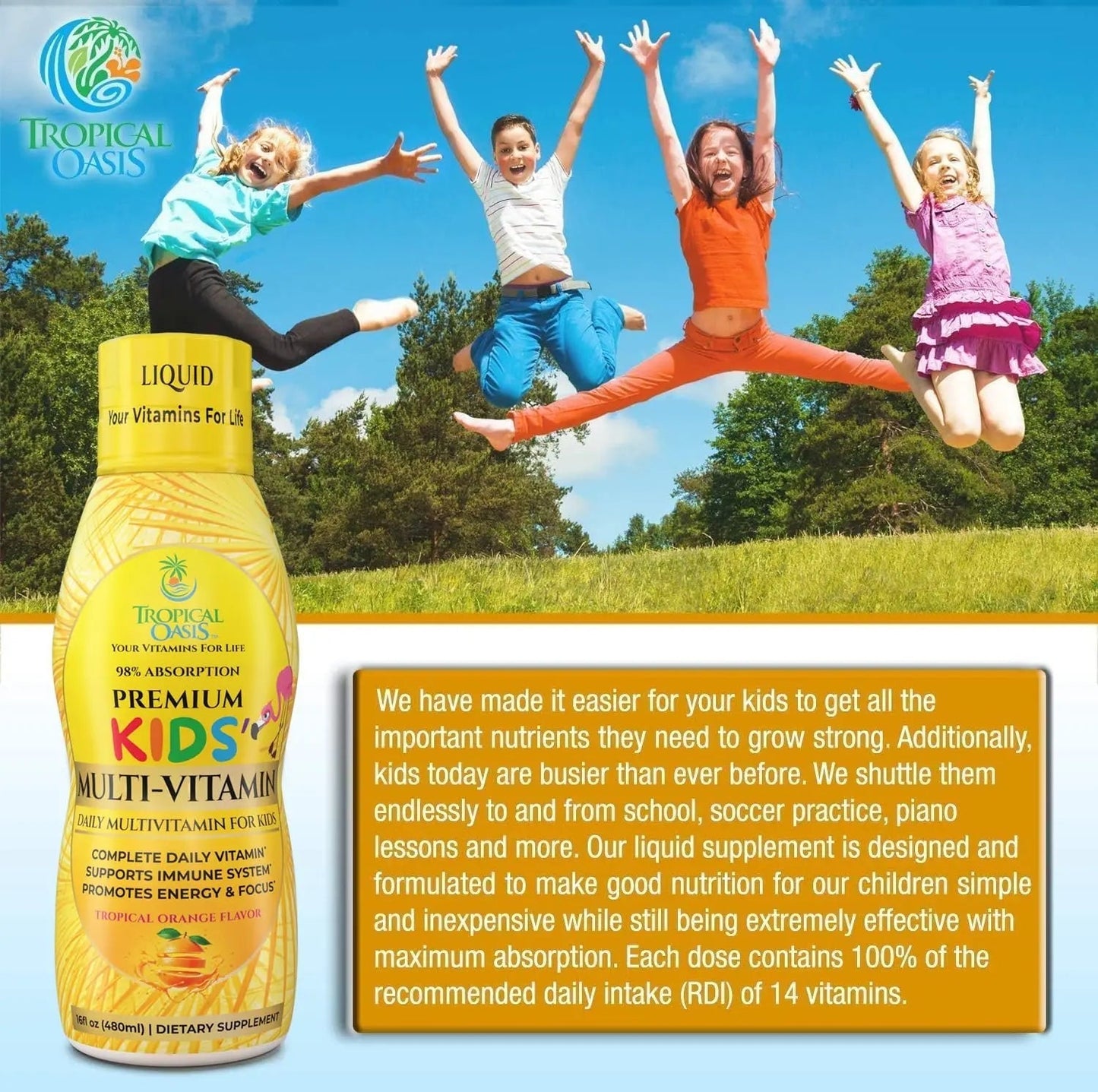 Premium Liquid Multivitamin For Kids | Sugar Free Kids Vitamins | 100% DV of 14 Vitamins for Kids | Multivitamin for Children Ages 4+ | Tropical OasisBuy Supplements Australia