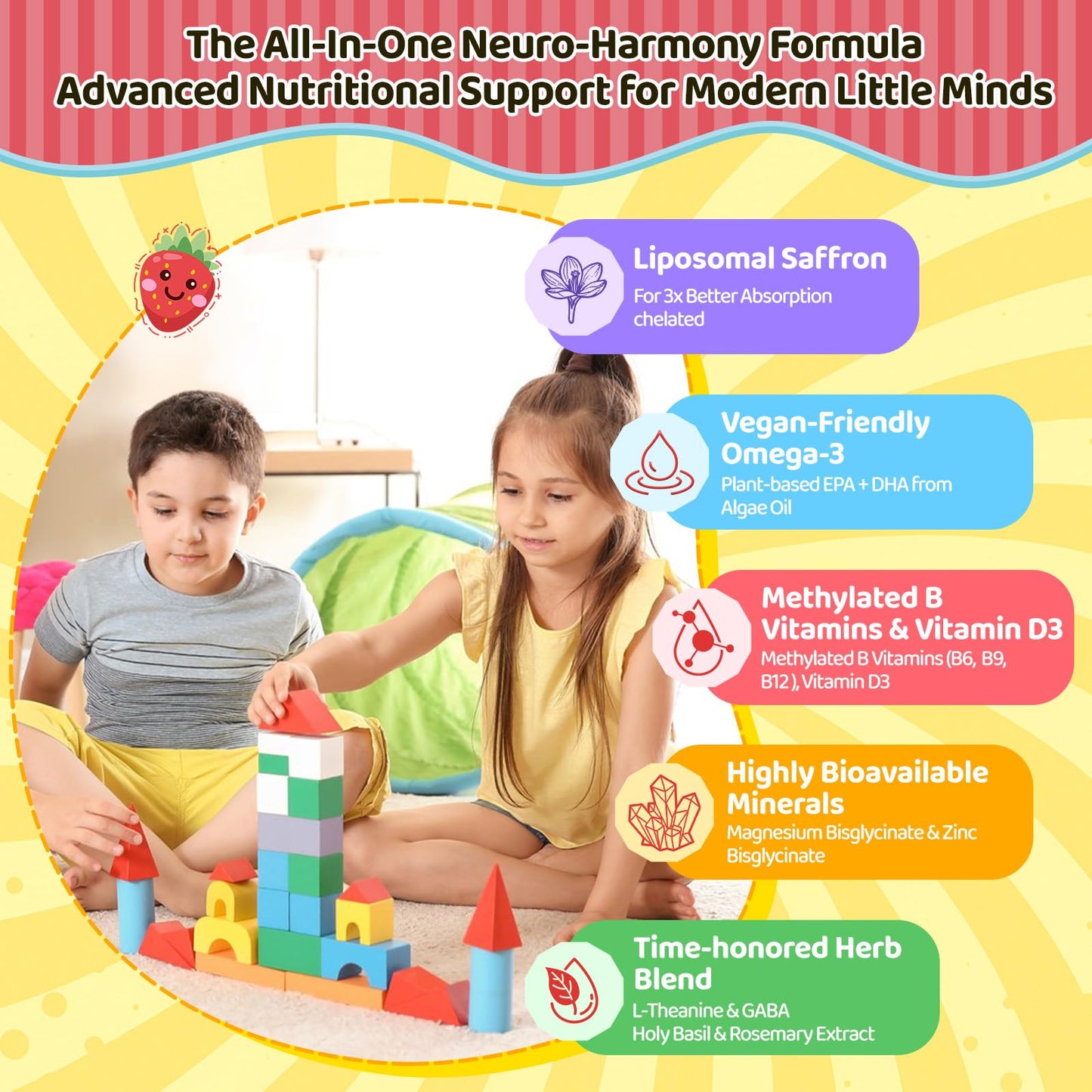 Liposomal Saffron Gummies for Kids 4+, Saffron Supplements w/Holy Basil, Rosemary, Magnesium Glycinate, Omega-3 & More, Brain Focus Support Supplement, Vegan, Organic, Sugar Free, 60 Chewables duwhotBuy Supplements Australia