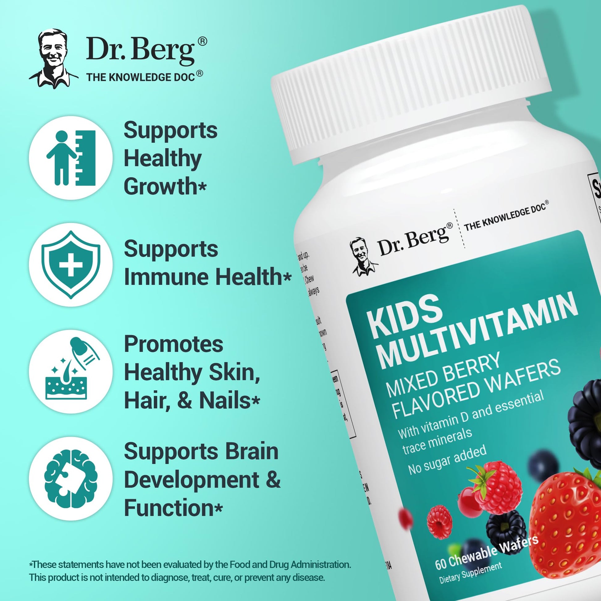 Dr. Berg Kids Chewable Multivitamins (NOT Sweetened w/Sugar) - Daily Multivitamin for Kids that Includes 20 Nutrients & Trace Mineral Complex - Mixed Berry Chewable Vitamins for Kid - Red Wafers Dr. Berg NutritionalsBuy Supplements Australia