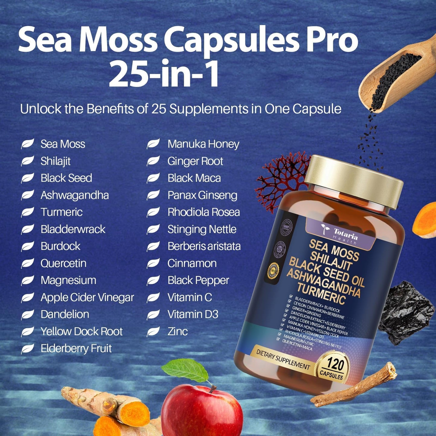 25-in-1 Sea Moss Black Seed Oil Ashwagandha Ginger Shilajit Supplement, Sea Moss Capsules Pro with Bladder Burdock Ceylon Cinnamon Berberine ACV Manuka VIT C & D3 for Men Women, 120 Vegan Caps TotariaBuy Supplements Australia