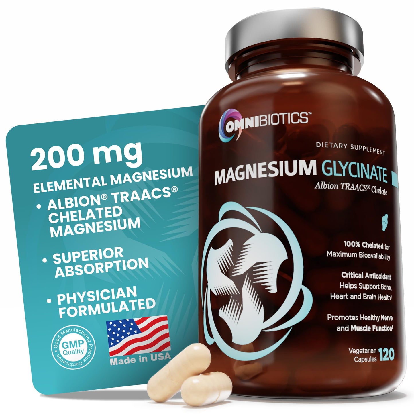 OmniBiotics Magnesium Glycinate Supplement – with 100% Pure Albion TRAACS Bisglycinate Chelate for Sleep, Muscle