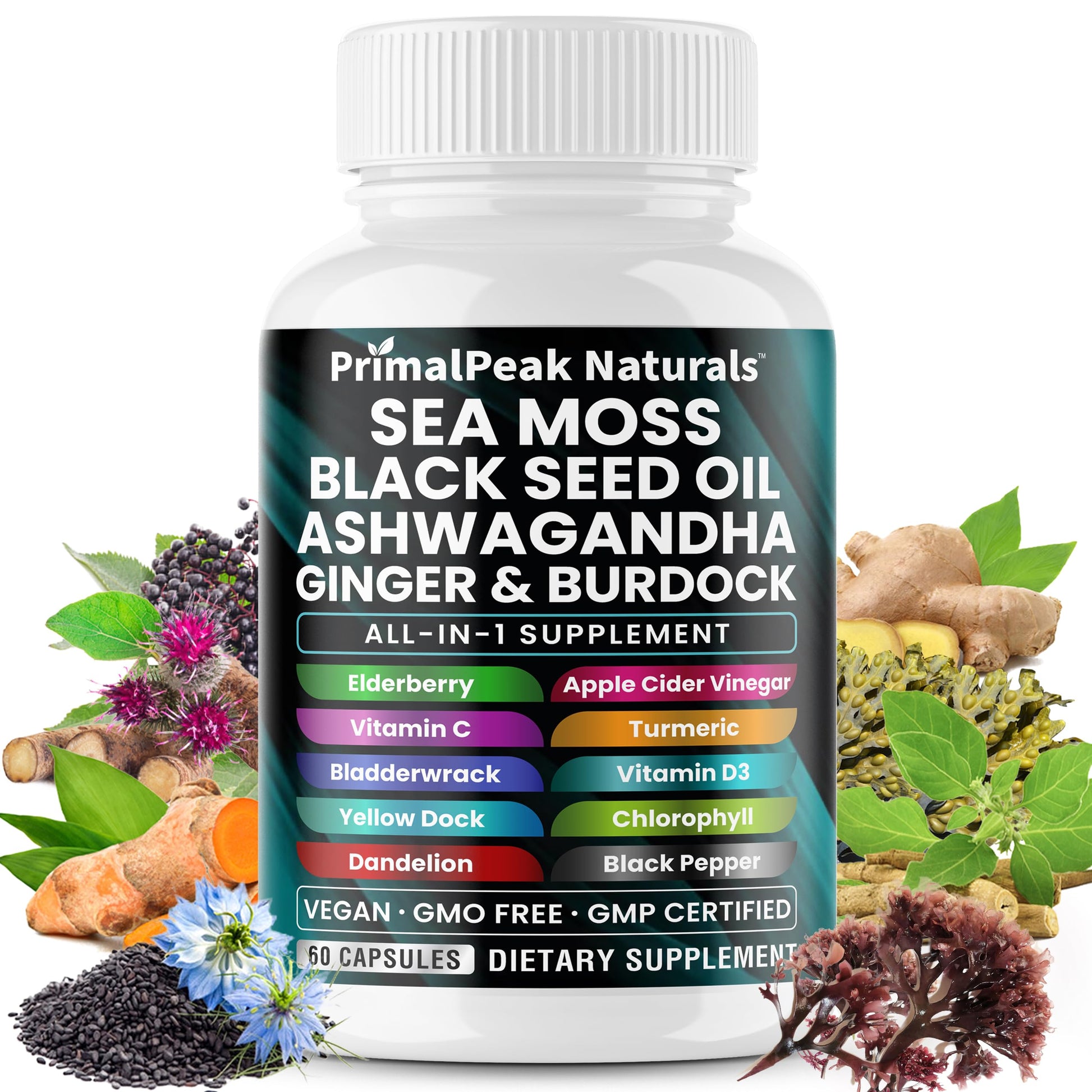 PrimalPeak Naturals Sea Moss Black Seed Oil Ashwagandha Ginger Burdock Bladderwrack Turmeric & Vitamin C Vitamin D3 with ACV Elderberry Chlorophyll Dandelion Yellow Dock Vegan Capsules - 60 Count PrimalPeak NaturalsBuy Supplements Australia