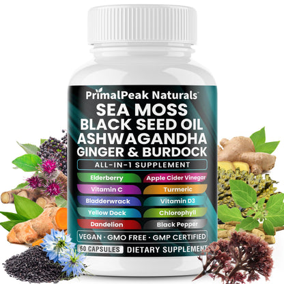 PrimalPeak Naturals Sea Moss Black Seed Oil Ashwagandha Ginger Burdock Bladderwrack Turmeric & Vitamin C Vitamin D3 with ACV Elderberry Chlorophyll Dandelion Yellow Dock Vegan Capsules - 60 Count PrimalPeak NaturalsBuy Supplements Australia
