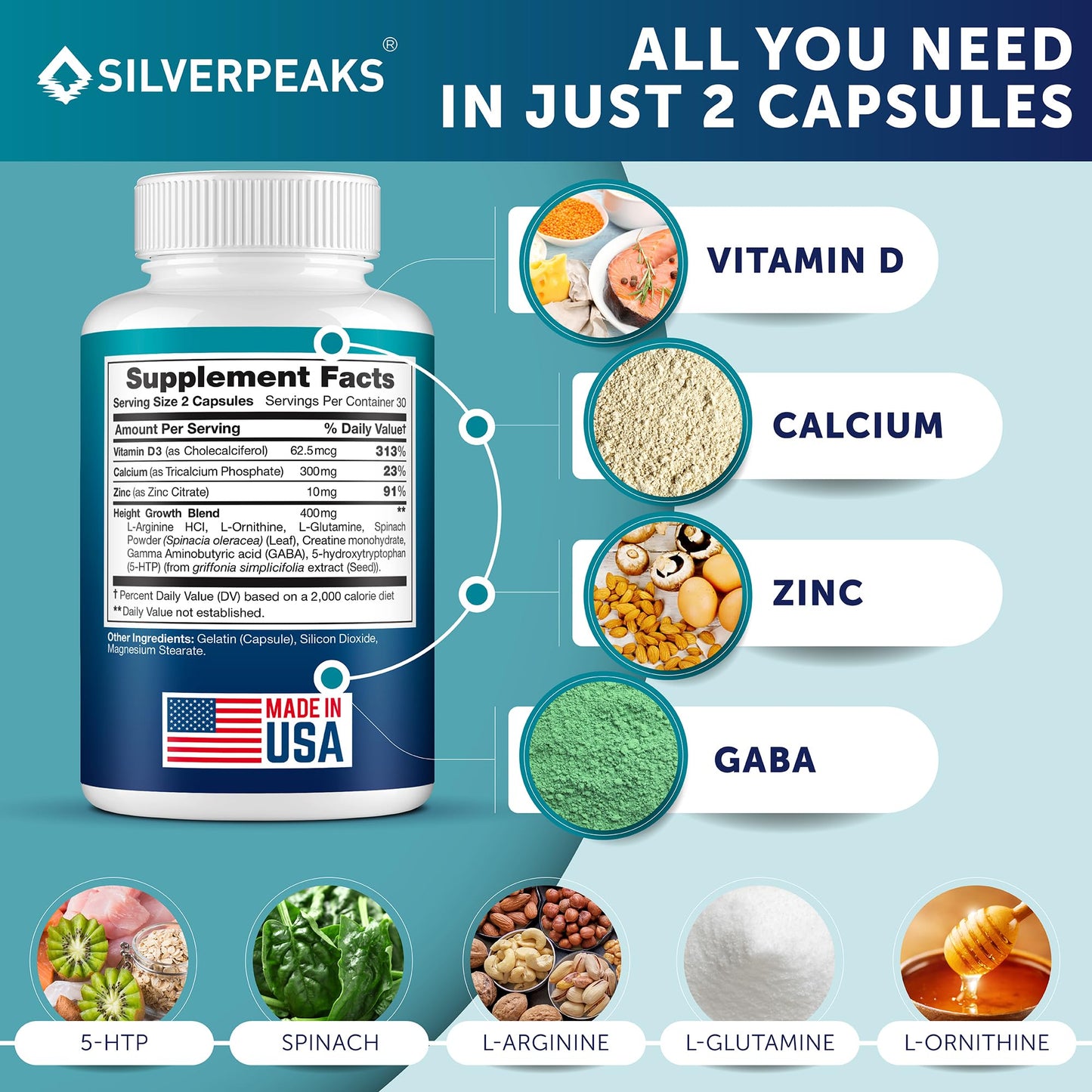 Calcium Supplement with Vitamin D3 and Zinc for Bone Health – Supports Bone Strength & Density – Gentle Non-Constipating Mineral & Amino Acids Blend for Women & Men - 60 Capsules (30 Day Supply) SILVERPEAKSBuy Supplements Australia