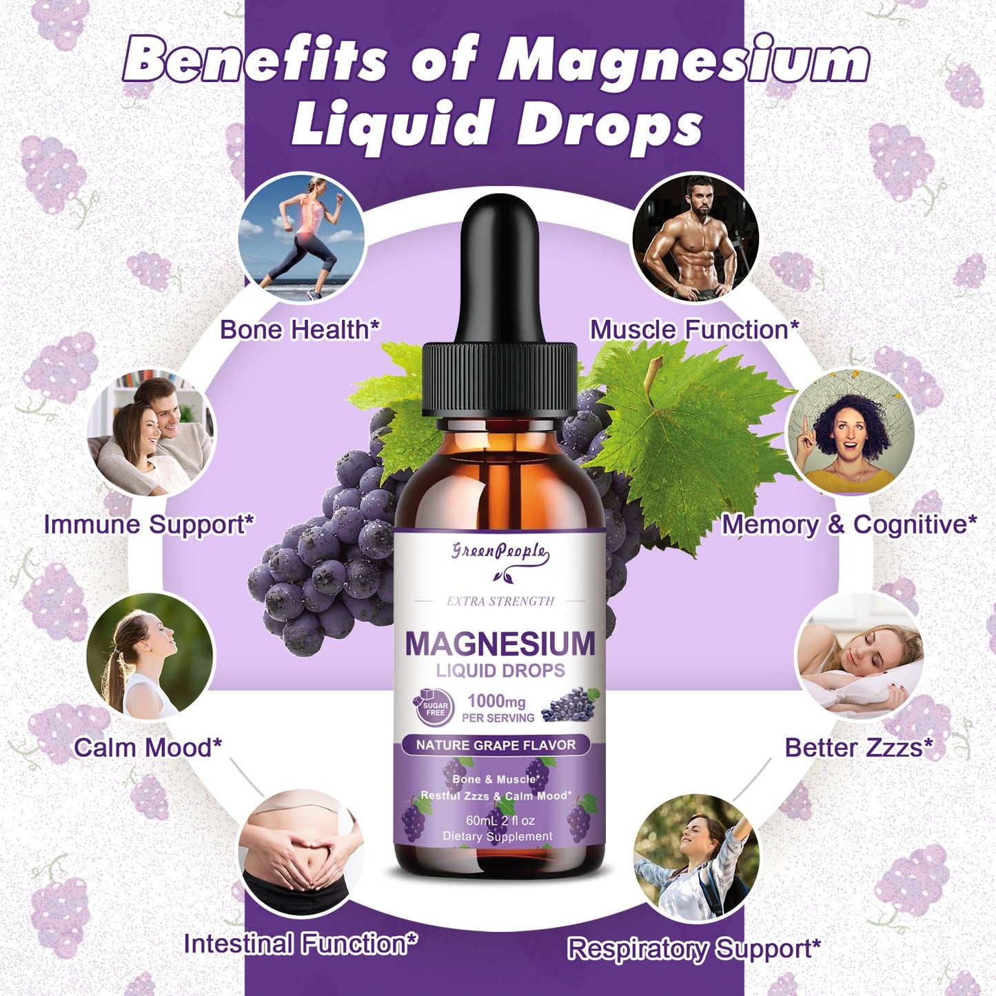 GREENPEOPLE Magnesium Glycinate Liquid Drops - 1000mg 5-in-1 High Absorption Liquid Magnesium for Sleep with D3/K2/B6 | Fast-Acting, Bone, Muscle & Sleep | Sugar-Free Grape Flavor, 2fl Oz GREENPEOPLEBuy Supplements Australia