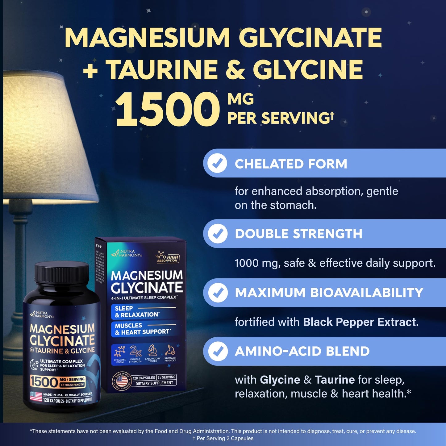 Magnesium Glycinate - Sleep & Relaxation Support - Extra Strength Glycinate, Glycine & Taurine 1500 mg - Magnesium Supplement for Women & Men - Chelated & High Absorption - Made in USA - 120 Capsules NUTRAHARMONYBuy Supplements Australia