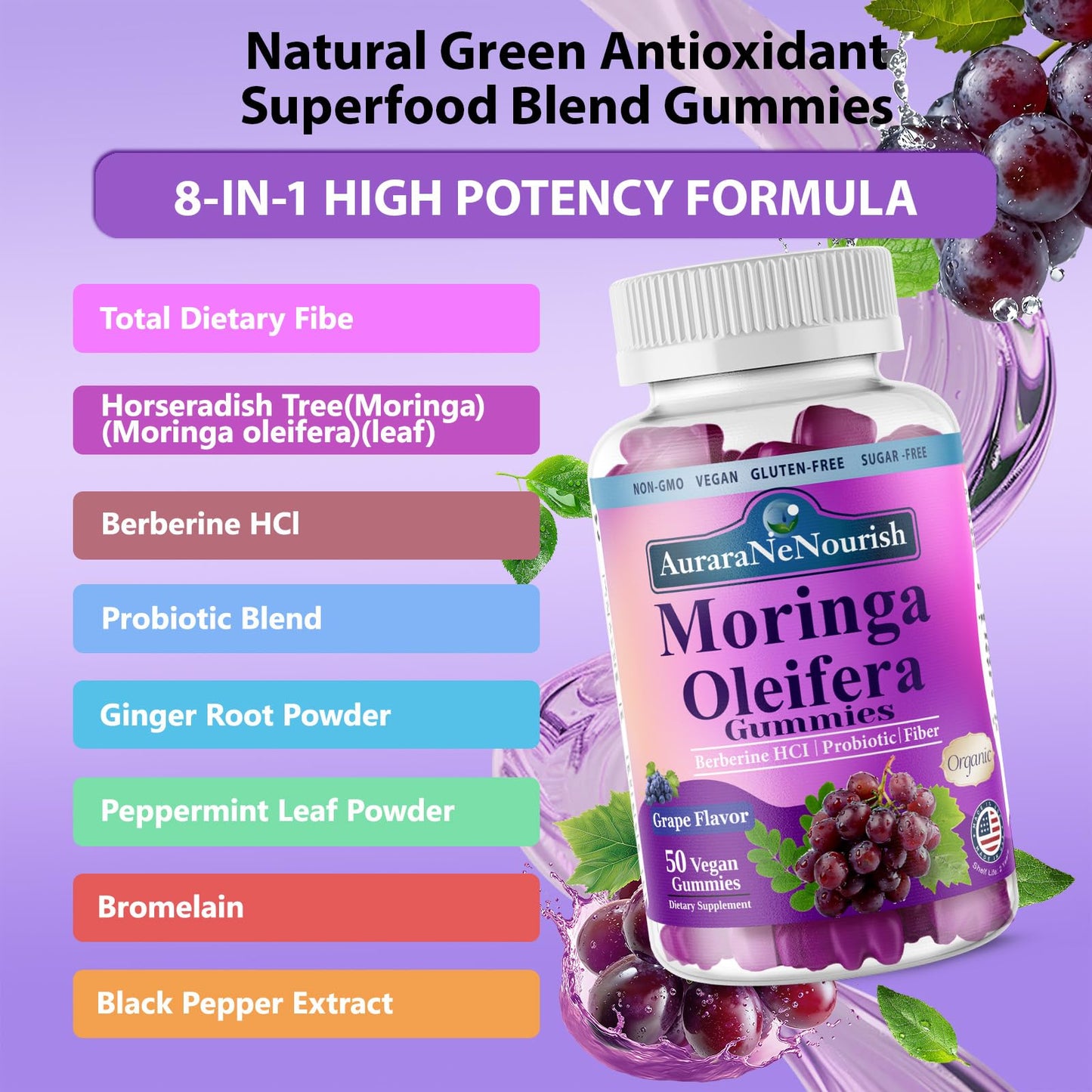 AuraraNeNourish Organic Moringa Oleifera Gummies for Women & Men, 8-in-1 Superfood Blend w. Berberine HCl & Moringa Leaf Extract for GLP-1 Support & Energy Immune Joint & Gut Health Sugar-Free AuraraNeNourishBuy Supplements Australia