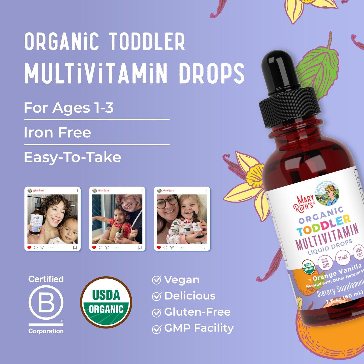 MaryRuth's Toddler Multivitamin | Vitamin A C D E B6 B12 Zinc | Healthy Growth Support | Immunity | Bone Health | Cognitive Function | Organic | Sugar Free | Vegan | Non-GMO | 2 Fl Oz | 30 Day Supply MARYRUTH'SBuy Supplements Australia