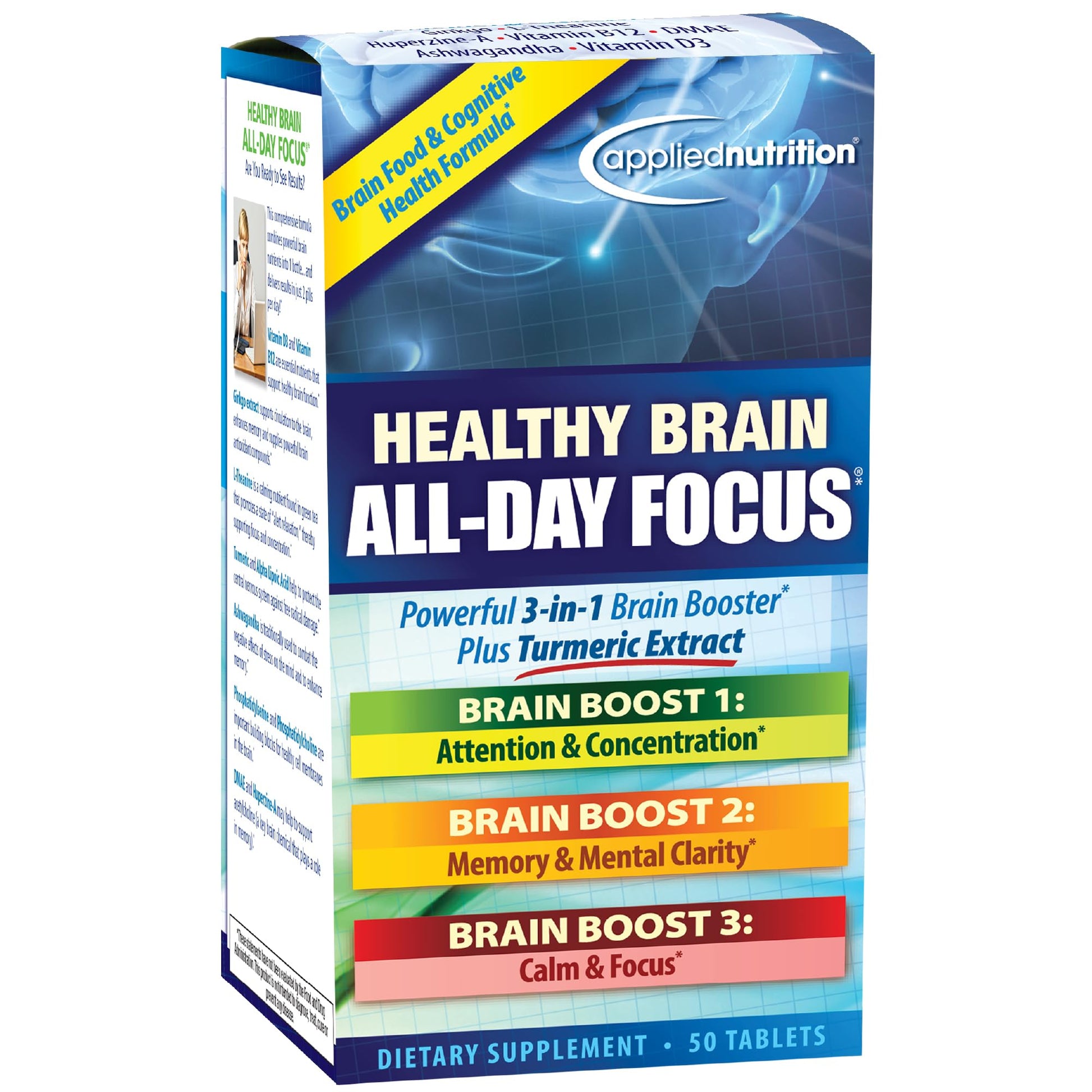 Applied Nutrition Healthy Brain All-Day Focus - 50 Tablets - Powerful 3-in-1 Brain Booster with Turmeric Extract - 25 Servings Applied NutritionBuy Supplements Australia