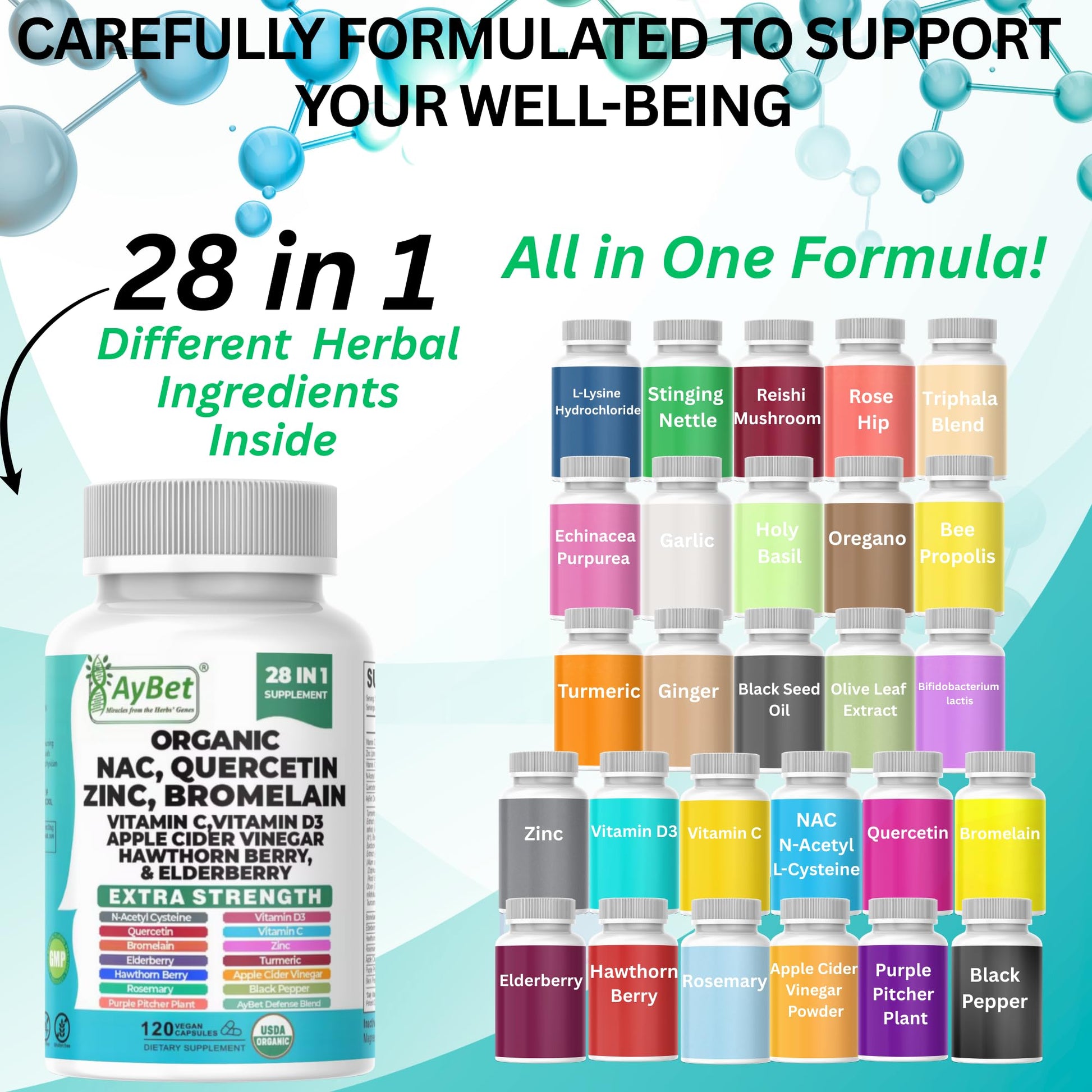 NAC-n-acetyl cysteine- Quercetin Zinc Bromelain Supplement | Extra Strength with Vit C, D3, Apple Cider Vinegar, Elderberry, Hawthorn Berry, Turmeric | Immune Support|120 Vegan Capsules | USDA Organic AyBetBuy Supplements Australia