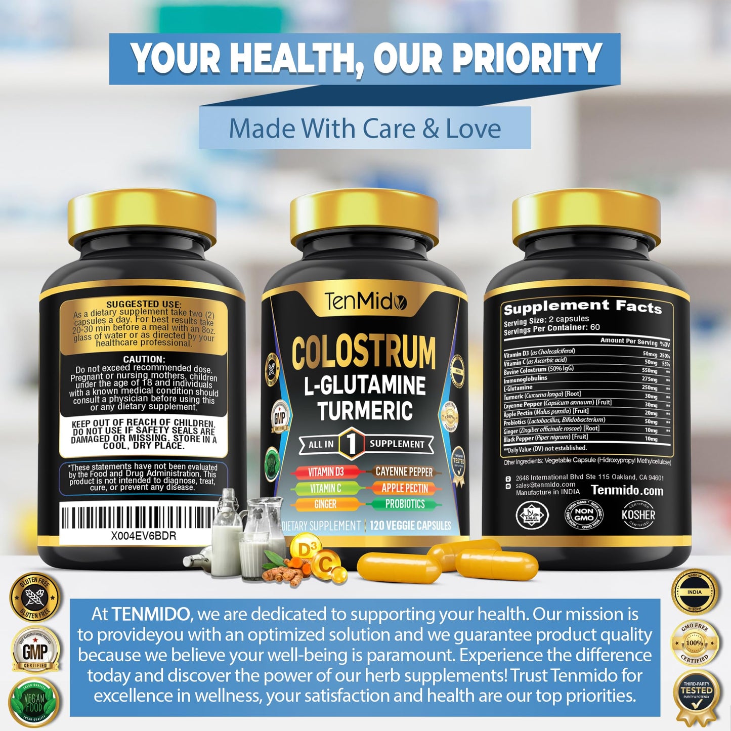 Tenmido Colostrum Supplement - 10in1 Formula - Combine with L- Glutamine, Turmeric, Cayenne Pepper, Apple Pectin, Probiotics, Ginger, and More - Digestive Health, Immune Support - 120 Capsules TenmidoBuy Supplements Australia