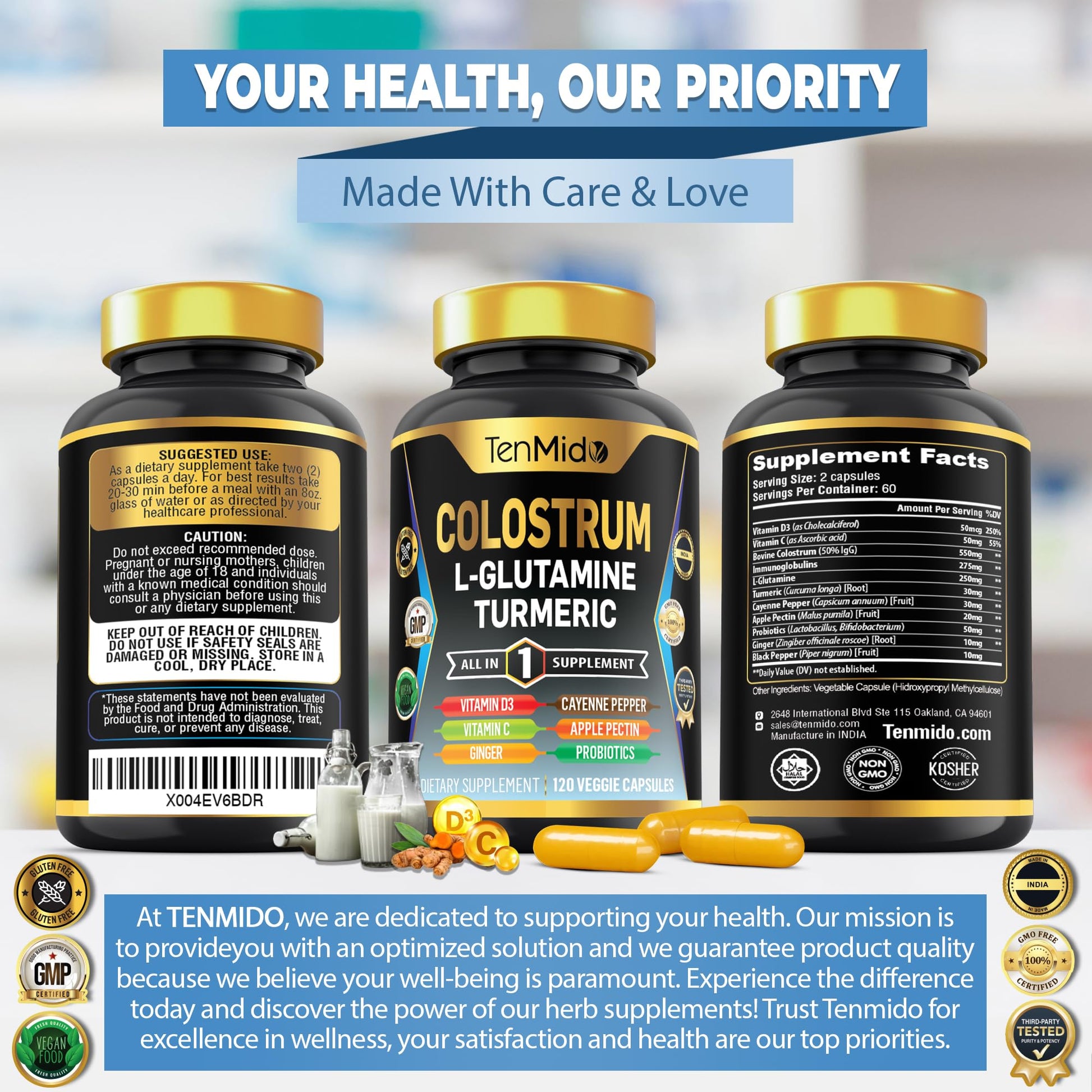 Tenmido Colostrum Supplement - 10in1 Formula - Combine with L- Glutamine, Turmeric, Cayenne Pepper, Apple Pectin, Probiotics, Ginger, and More - Digestive Health, Immune Support - 120 Capsules TenmidoBuy Supplements Australia