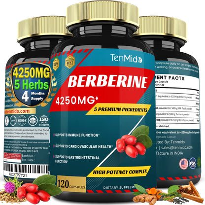 Berberine Extract Capsules 4250mg, 4 Months Supply & Ceylon, Milk Thistle, Turmeric TenmidoBuy Supplements Australia
