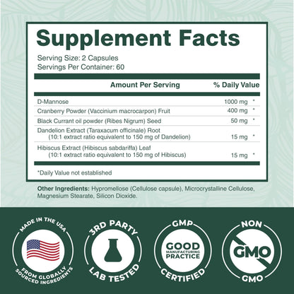 PurePremium D-Mannose with Cranberry, Hibiscus & Dandelion - 1000mg D-Mannose Supplements for Women Supports Urinary Tract Health & Bladder Health - Made in USA, Vegan, 120 Capsules, 2 Month Supply PurePremium SupplementsBuy Supplements Australia