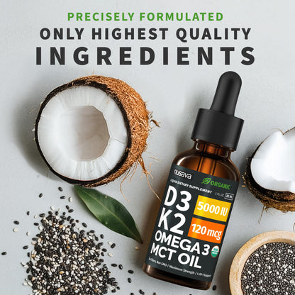 (2 Pack) Organic Vitamin D3 K2 Drops with MCT Oil Omega 3, 5000 IU, Maximum Strength Vitamin D Liquid, No Fillers, Non-GMO Liquid D3 for Faster Absorption and Immune Support (Unflavored, 2 Fl Oz) NUSAVABuy Supplements Australia