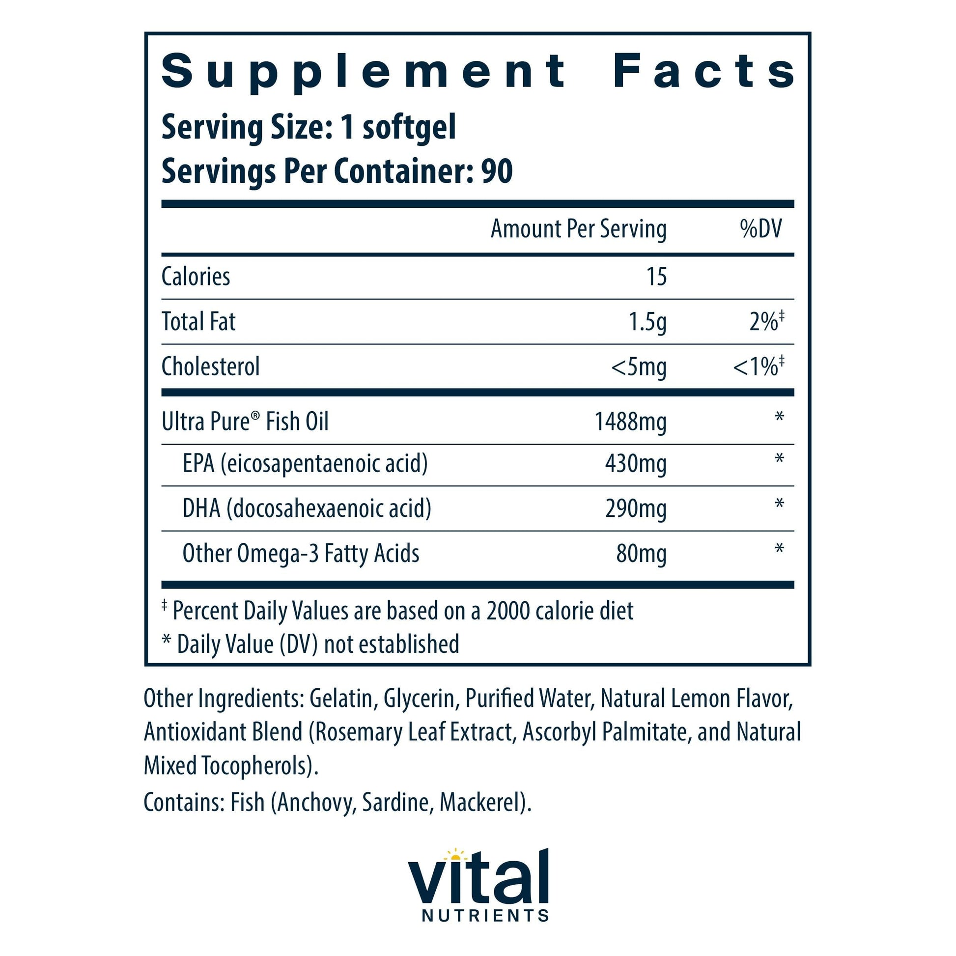 Vital Nutrients Ultra Pure® Fish Oil 800 Triglyceride Form - Heart, Brain, & Immune Health* - Sustainably Sourced High EPA & DHA Omega-3 Fatty Acid - Lemon Flavor - Gluten, Dairy, Soy Free - 90 Count Vital NutrientsBuy Supplements Australia