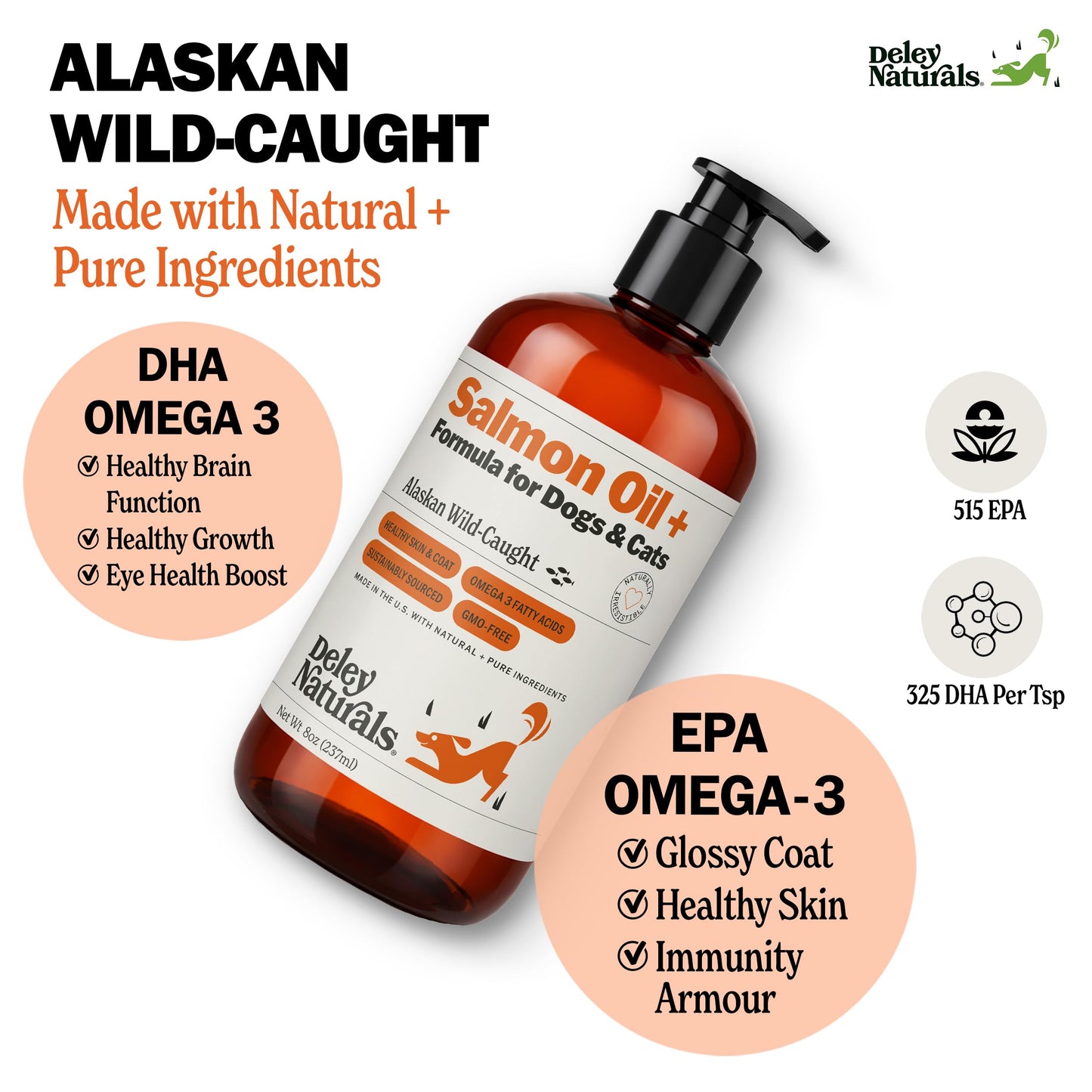 Deley Naturals Wild Alaskan Salmon Oil for Dogs & Cats - New and Improved Salmon Oil Plus Formula - Fish Oil for Dogs with Omega 3, DHA and EPA - Omega 3 for Healthy Skin and Coat - 8oz Made in USA Deley NaturalsBuy Supplements Australia