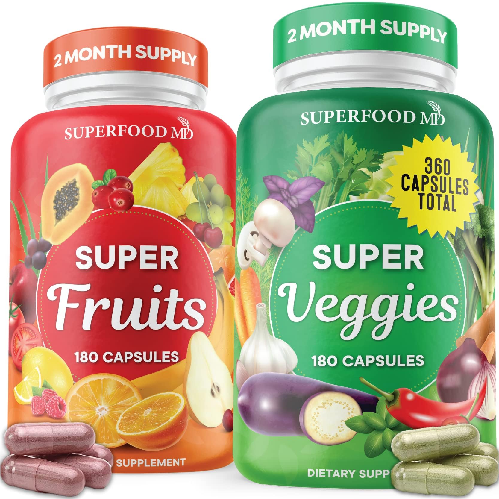 Superfood Fruit and Veggie Supplement - 360 Whole Super Fruit and Vegetable Supplements & Vitamin with Beta-Carotene, Soy Free- 180 Count (Pack of 2) Superfood MDBuy Supplements Australia
