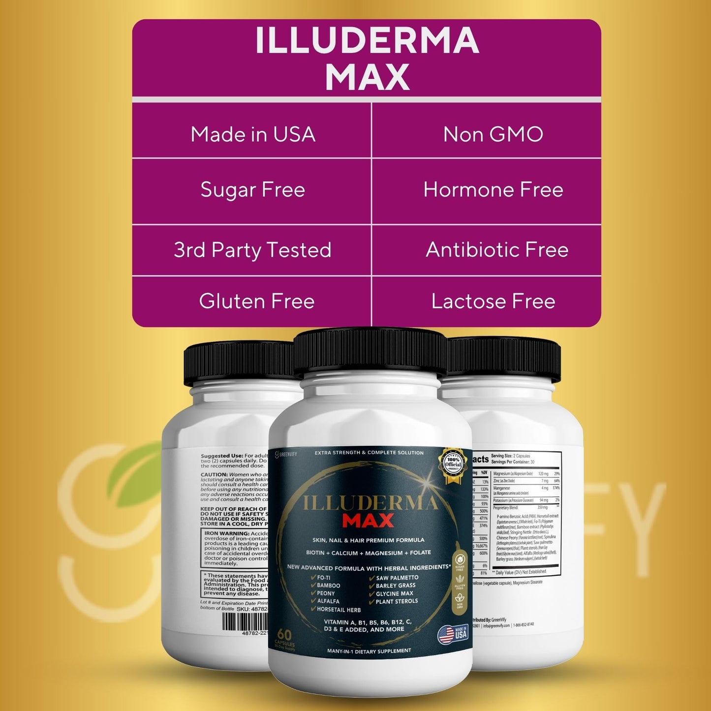 GREENVIFY Illuderma Max Hair, Skin and Nail Supplement, 60 Capsules, with Biotin 5000mcg, Vitamins and Herbal Blend (1) GREENVIFYBuy Supplements Australia