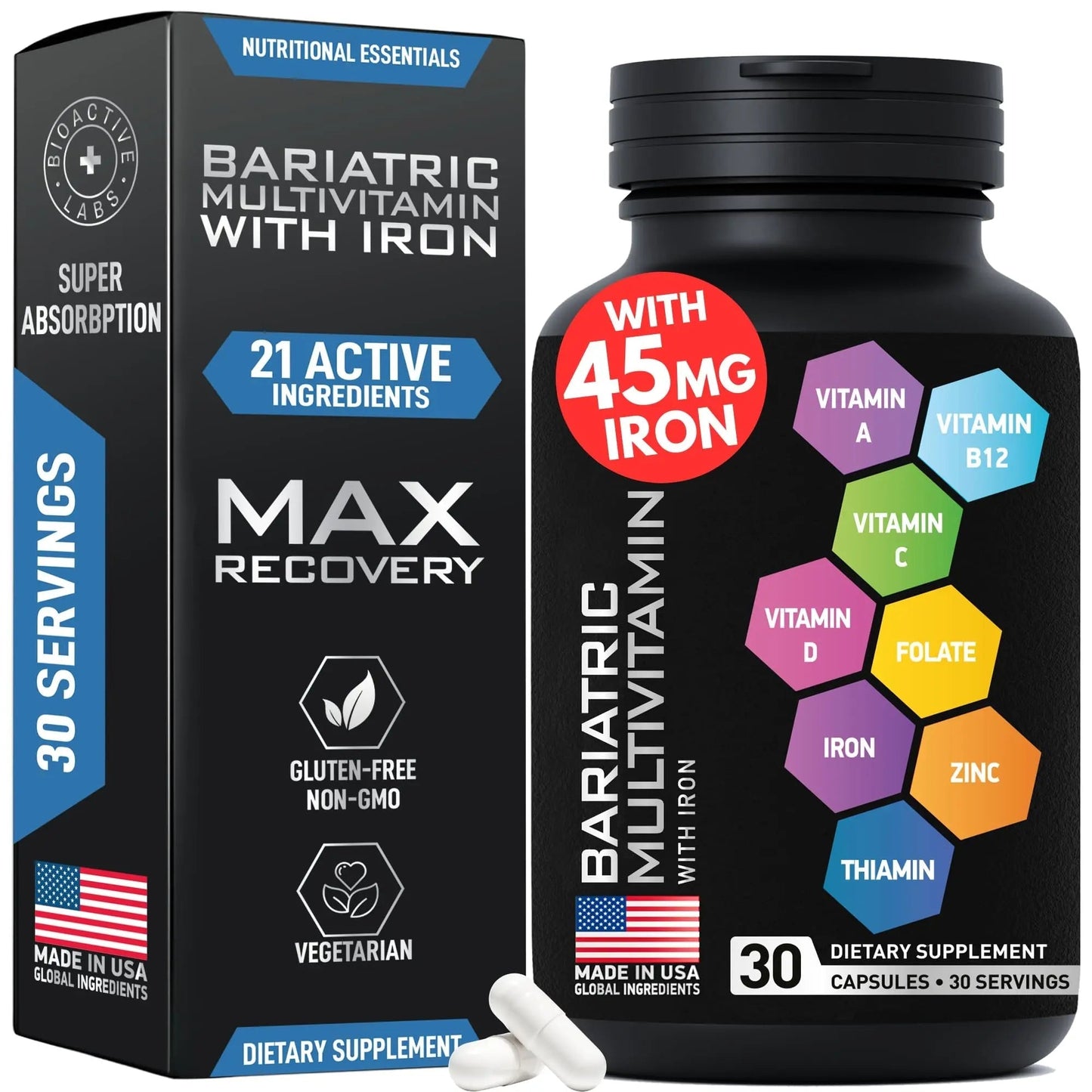 Bariatric Multivitamin with Iron 45mg for Women & Men - 21-in-1 Essential Post Gastric Bypass and Gastric Sleeve Vitamins A,C,D,E, B Complex BIOACTIVE LABS