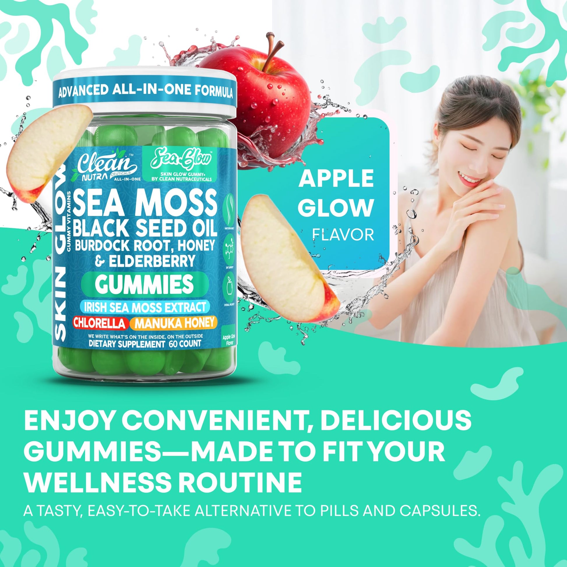 Clean Nutra Sea Moss Gummies Black Seed Oil Chlorella Ashwagandha Root Hair Growth Skin Glow Irish Sea Moss Elderberry Burdock Manuka Honey Trace Minerals Detox 60 Gummy Vitamins Sea Glow Supplement Clean NutraceuticalsBuy Supplements Australia
