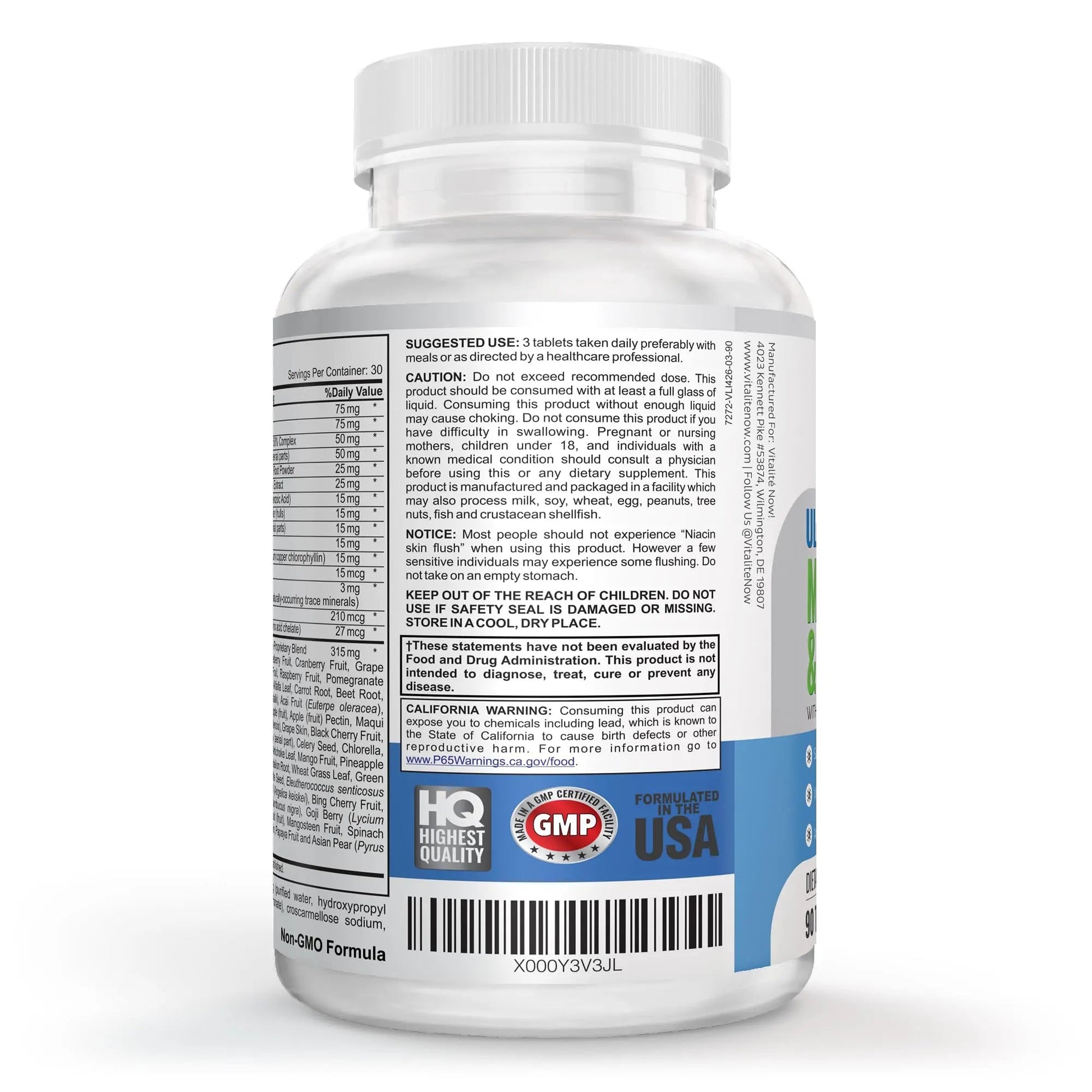 Vegan Whole Food Multivitamin & Mineral - Vitamins A B1 B2 B6 B12 C D3 E & 110 Super Foods, Herbs, Greens & Reds Vitalité Now!Buy Supplements Australia