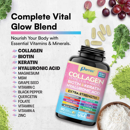 Parrox Collagen Peptides Types I, II, III, V & X, MCG Biotin, Keratin, Hyaluronic Acid, MSM, Zinc, Grape Seed Extract, Quercetin, Vitamin A, Vitamin C,
