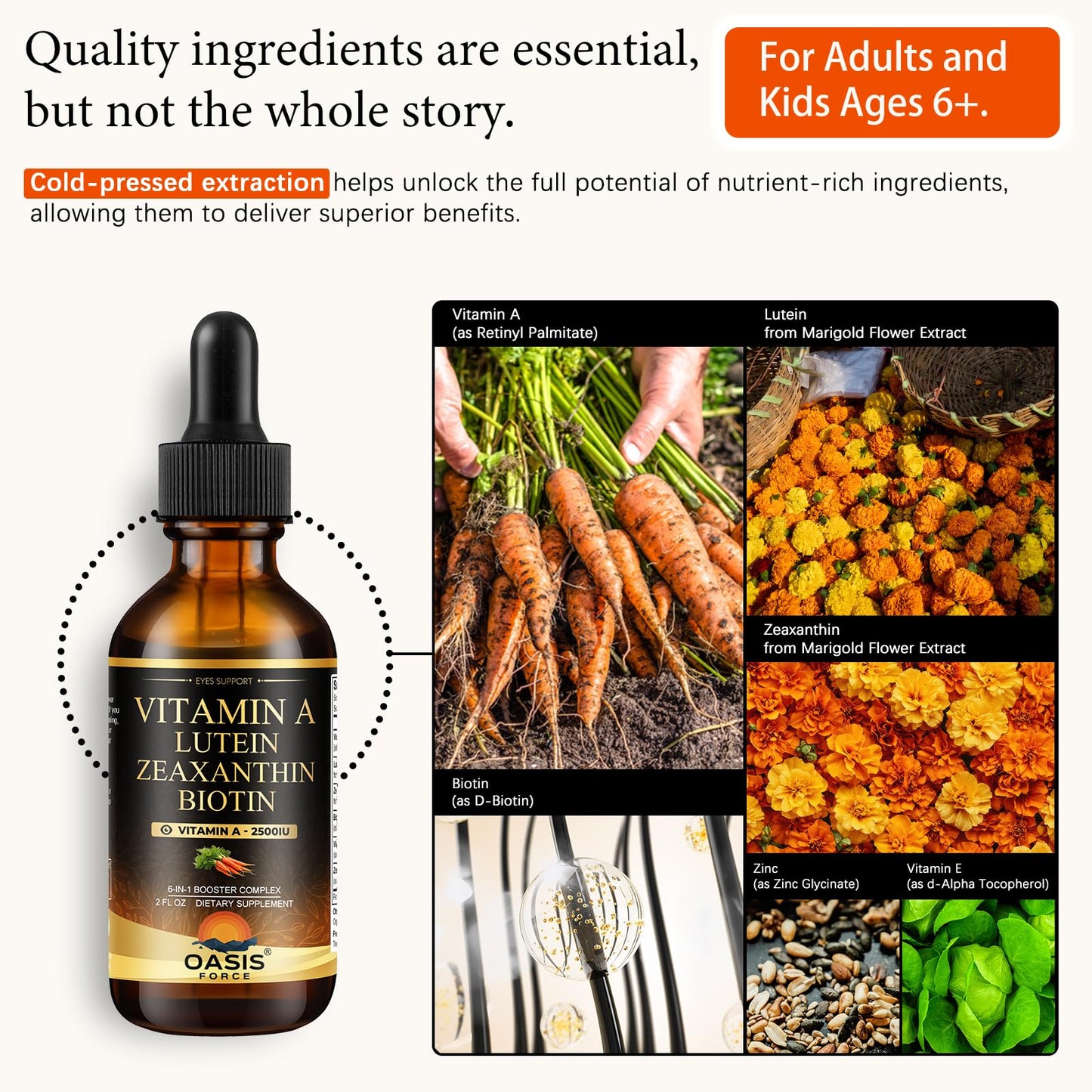 OASIS FORCE 6 in 1 Vitamin A Liquid Drops with Lutein & Zeaxanthin, Vita A Retinyl Palmitate for Skin, Vision & Immune Support, Adults & Kids Ages 6+, Vegan, Non-GMO, 2 Fl Oz OASIS FORCEBuy Supplements Australia