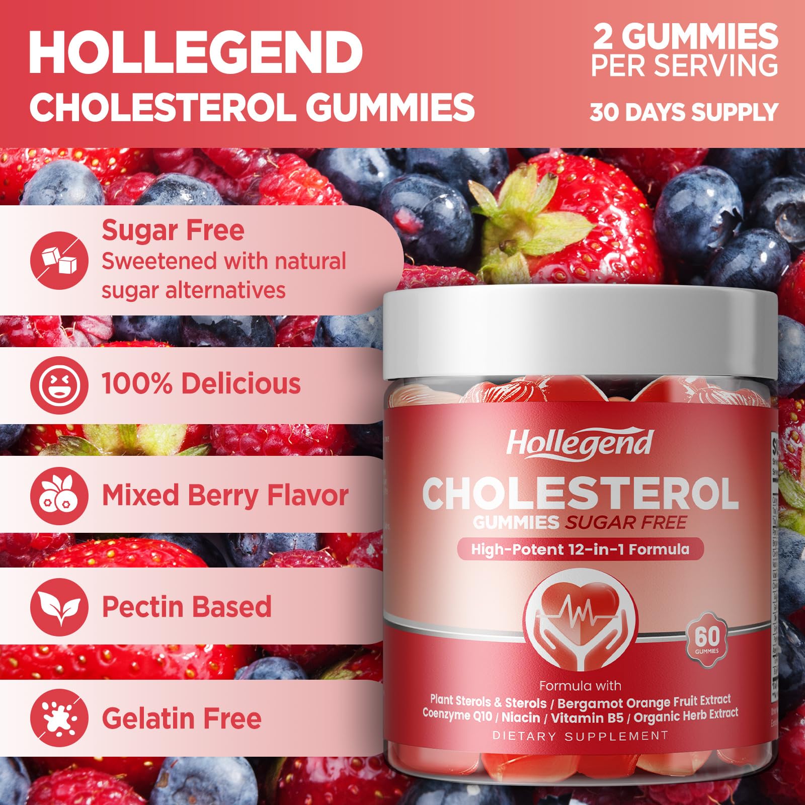HOLLEGEND Cholesterol Gummies Sugar-Free,12-in-1 Cholesterol Supplements with Plant Sterols,Citrus Bergamot,CoQ10 and Vitamins for Cholesterol Health, Vegan, Mixed Berry Flavor, 60 Counts HOLLEGENDBuy Supplements Australia