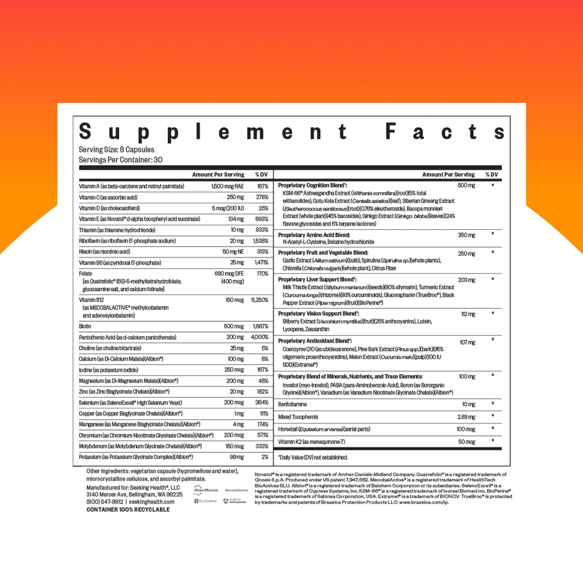 Seeking Health Optimal Multivitamin, Active B Vitamins and L-5-MTHF, Riboflavin, B6, Bioavailable Folate and B12, CoQ10 Seeking Health