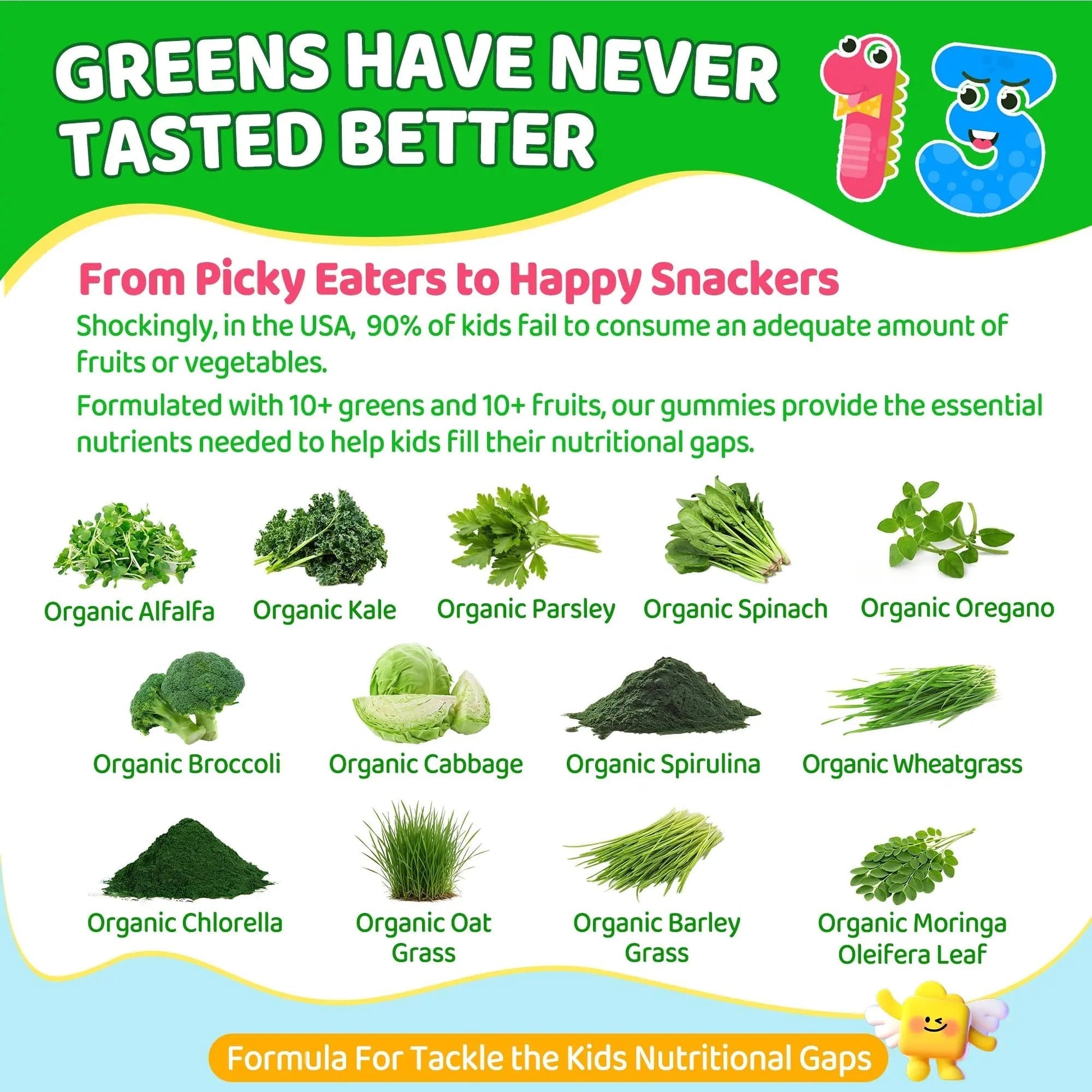 Kids Super Greens Gummies, w/Multivitamins, Spirulina, Chlorella, Spinach, Broccoli, Calcium, Omega-3 (DHA/EPA) EnvyCure