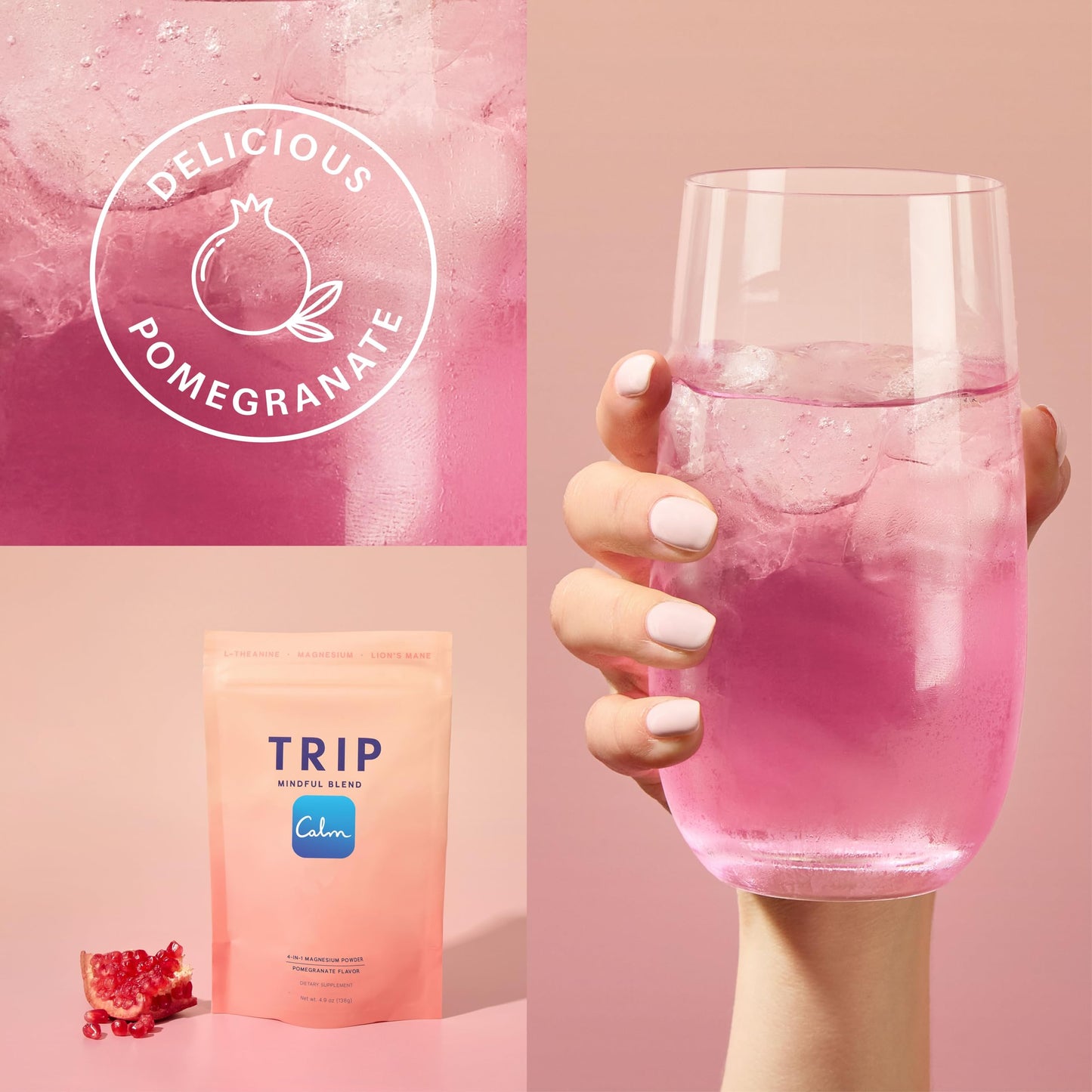 TRIP Magnesium Glycinate Powder with L-Theanine & Lion’s Mane, Sugar Free Magnesium Supplement for Adults, 250mg Magnesium per Drink Mix Serving, Pomegranate Orange Blossom, 1 Bag - 30 Servings TRIPBuy Supplements Australia