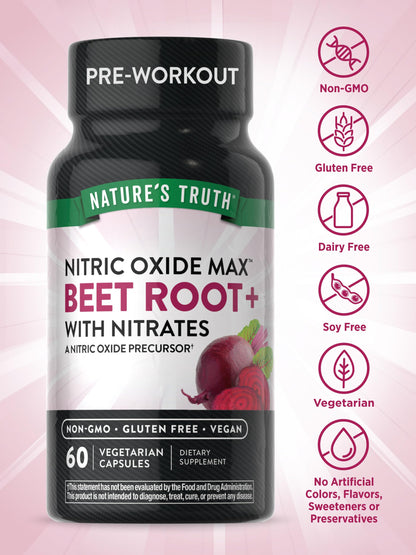 Nature's Truth Beet Root Capsules | 60 Count | Nitric Oxide Supplement for Men and Women | Vegan, Non-GMO and Gluten Free Pre-Workout