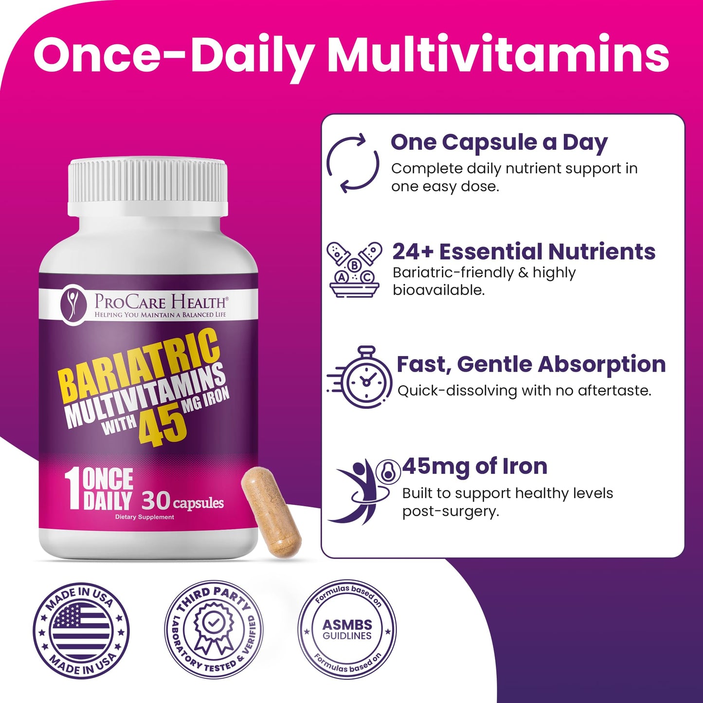 ProCare Health Bariatric Multivitamin with 45mg Iron (30 Easy to Swallow Capsules) - Once Daily Post-Op Support for Gastric Bypass ProCare HealthBuy Supplements Australia