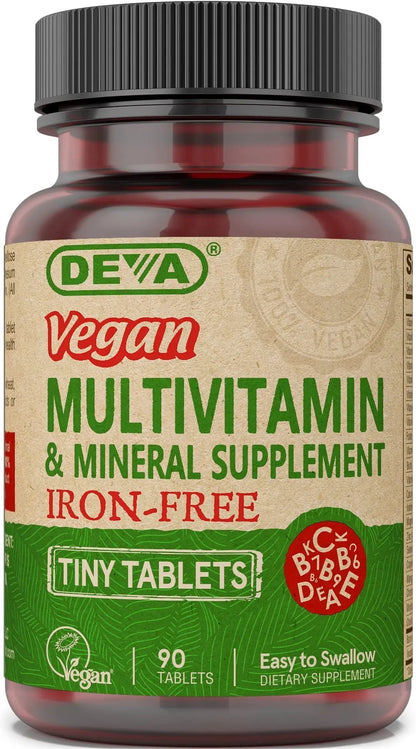 DEVA Vegan Iron-Free Multivitamin & Mineral Supplement, Vitamin C, D2, E & B-Complex, Biotin, 90 Tiny Tablets DEVA