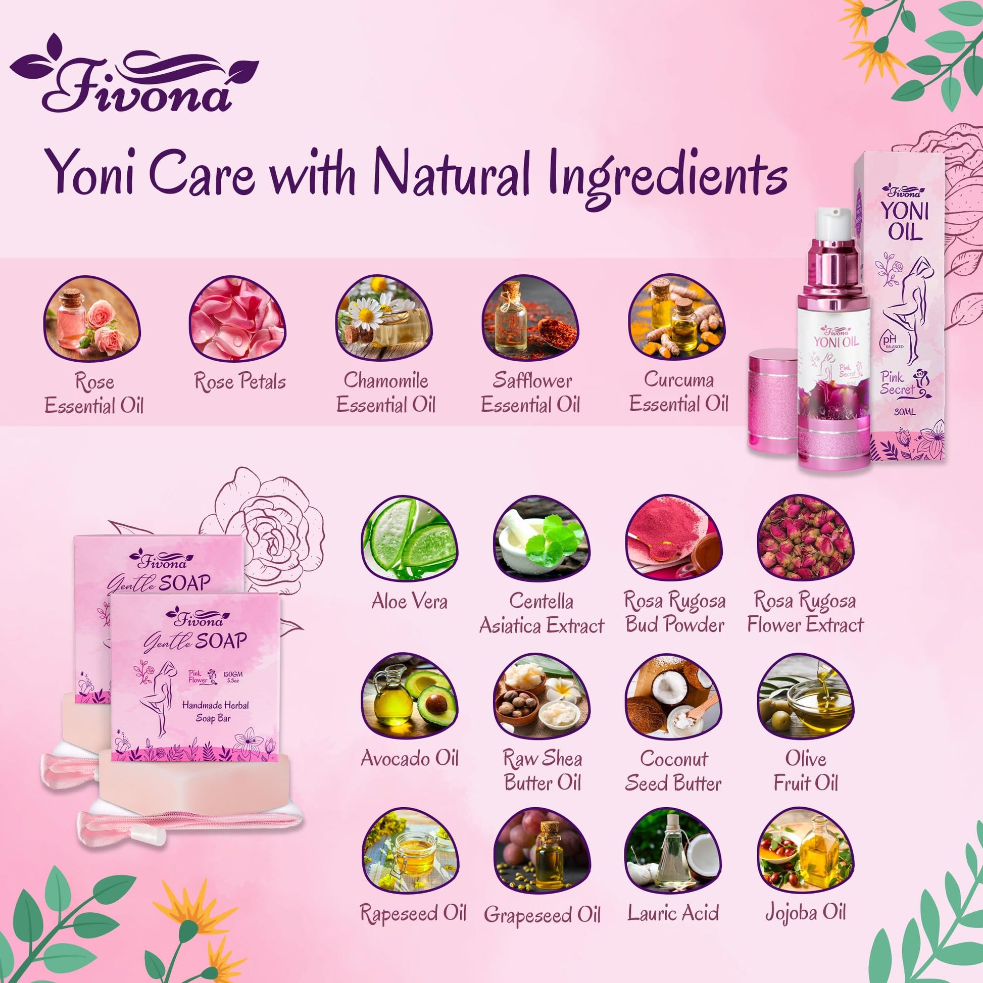 FIVONA 3 in 1 Set of Yoni Oil with 2 Yoni Soap Bars - Feminine pH Balanced Natural Vaginal Oil 30 ml FIVONABuy Supplements Australia