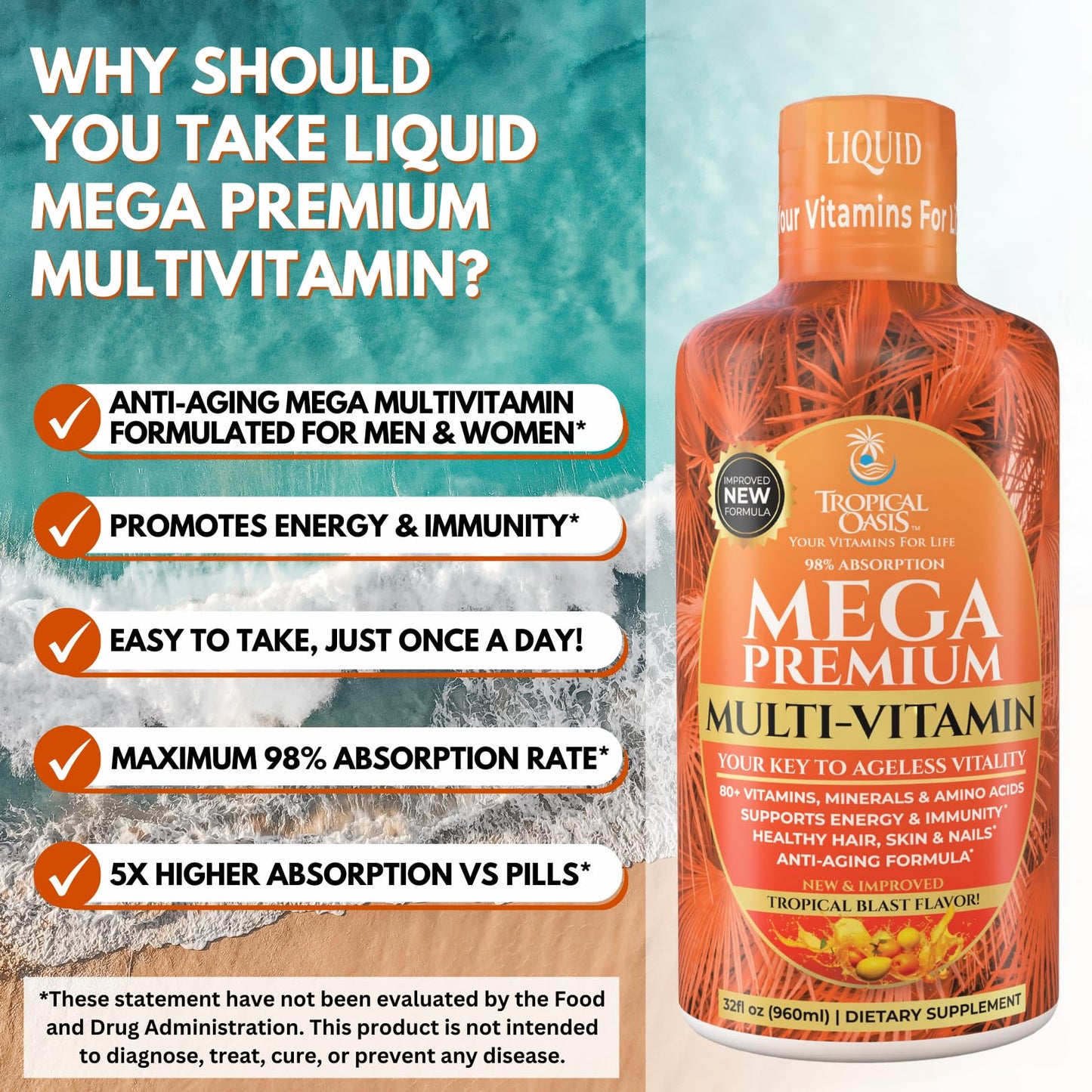 Mega Premium Liquid Multivitamin | Natural Immune Support Vitamin w/ 1333% Vitamin C, 200% D3, Zinc + 20 Vitamins, 70 Minerals, & 21 Amino Acids | Sugar Free | Orange Flavor | 98% Absorption | 32 Serv Tropical OasisBuy Supplements Australia