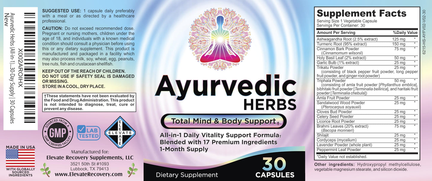 Ayurvedic Herbs 17-in-1 Supplement | Mind & Body Balance | Ayurveda Health Support Blend | Ayurvedic Supplements | 1-Month Supply | 30 Capsules Elevate Recovery SupplementsBuy Supplements Australia