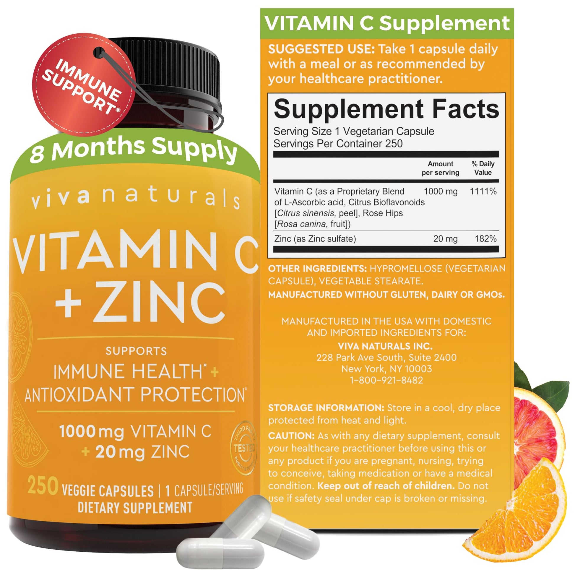 Viva Naturals Vitamin C and Zinc Supplement (250 Capsules) - 1000 mg Vitamin C with Zinc 20 mg Antioxidant Supplements for Immune Support, Vitamin Supplement for Adults Viva NaturalsBuy Supplements Australia