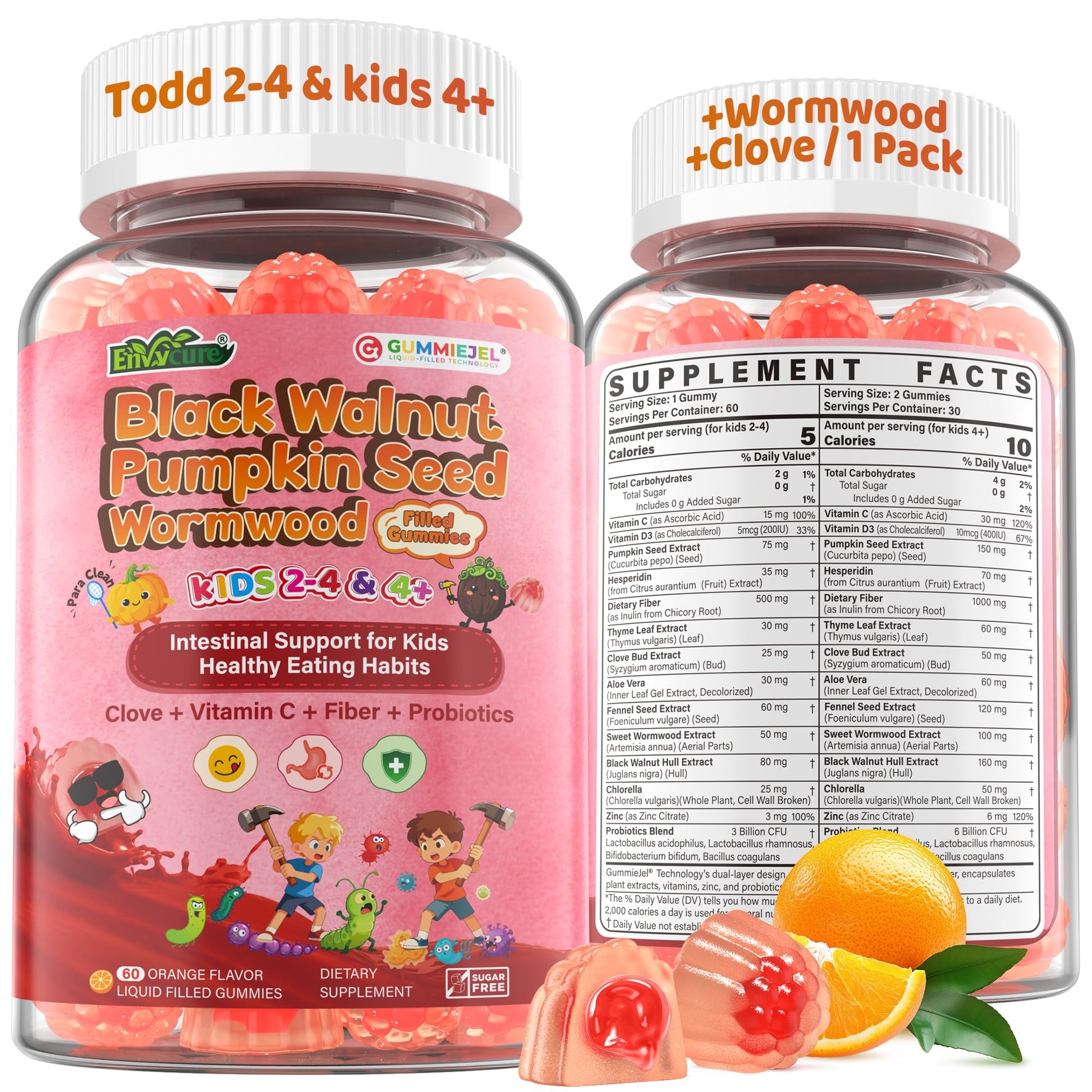Toddler 2-4 & Kids 4+ Para Clean Gut Health Gummies w/Black Walnut, Wormwood, Clove, Pumpkin Seeds, Vitamin C, D3, Zinc, Digestive Supplement for Natural Gut Cleanse, Kids Immune Support (60cts) EnvyCureBuy Supplements Australia