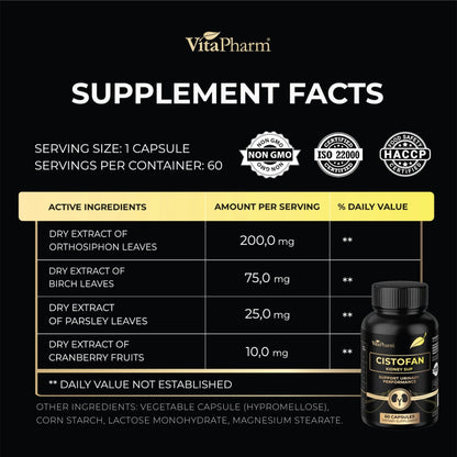 CISTOFAN Kidney Support Supplement – Herbal Formula with Java Tea, Birch Leaf, Parsley & Cranberry – Supports Urinary Tract & Kidney Function – Natural Diuresis – 60 Capsules – Non-GMO – Made in EU VitaPharmBuy Supplements Australia