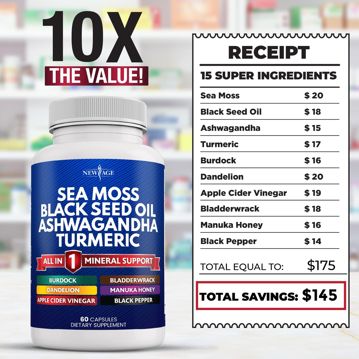Silica Sea Moss 3000mg Black Seed Oil 2000mg Ashwagandha 1000mg Turmeric 1000mg NEW AGEBuy Supplements Australia