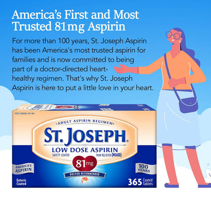 St. Joseph Aspirin Pain Reliever (NSAID) 81mg, Enteric Safety Coated, Adult Low Dose Aspirin, 365 ct (1 Year Supply, Packaging May Vary) St. JosephBuy Supplements Australia
